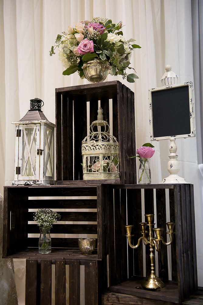 candelabra, bird cage, crates, rustic, vintage, wedding decor, lanterns