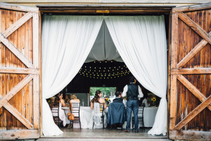 Balls Falls wedding barn door backdrop draping head table