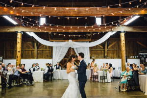 Balls Falls wedding barn door backdrop draping head table edison lighting