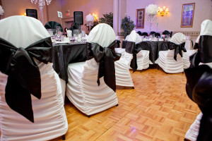 white ruched chair covers black satin sashes