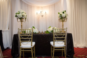Black Sequin tablecloth, Gold candelabras, Crystal Backdrop, Crystal Chair Decor, gold chiavari chairs