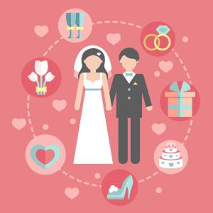 Wedding infographic set with Cartoon Bride and groom.Wedding day coast statistics design template.Vector business concepts with flat icons for business report or plan, many elements in a flat style