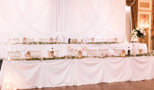 wedding decor white sequin head table backdrop at liuna station