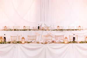 wedding decor white sequin head table backdrop at liuna station