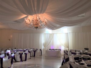 wall draping head table backdrop ceiling drapery wedding decor knights of Columbus Hamilton