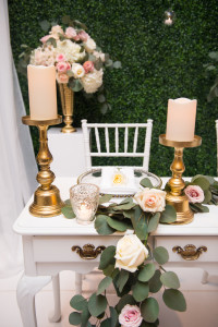 wedding decor boxwood backdrop gold candle sticks vintage table