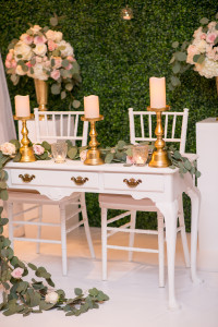 wedding decor boxwood backdrop gold candle sticks vintage table