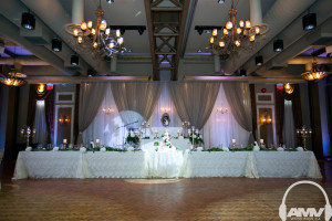 liuna station wedding head table backdrop