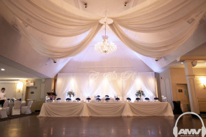 wedding decor liuna gardens head table ceiling drapery